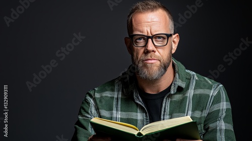 Man with glasses and beard immersed in the pages of  book enjoying moment of peaceful reading