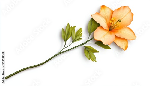 Pale Orange Flower with Green Leaves on White Background
