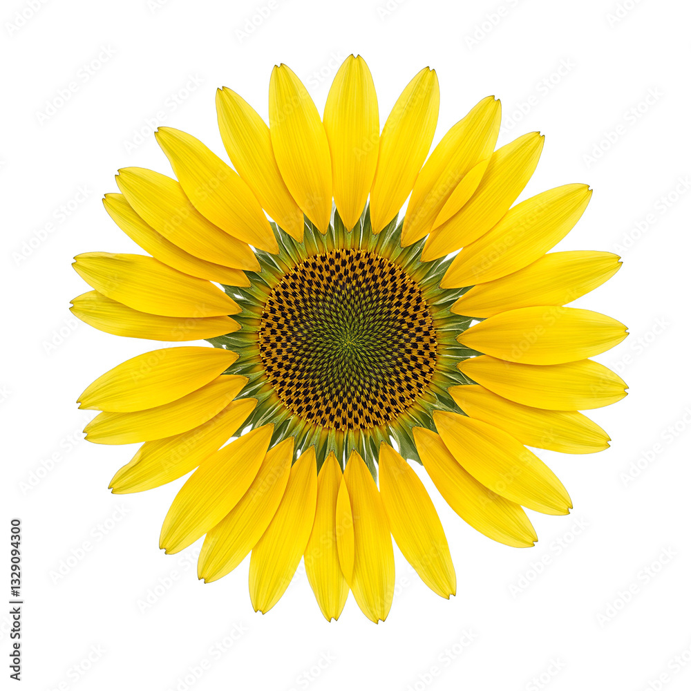 Fototapeta premium Vibrant golden sunflower bud with tightly packed unfolding petals showcasing a dark seed filled center on a clean white background