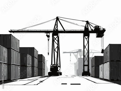Vector illustration of a shipyard with cranes and cargo ships loading. Industrial Crane Silhouette Next to Shipping Containers at Dock
