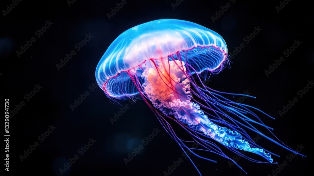Naklejka premium Bioluminescent jellyfish in dark ocean