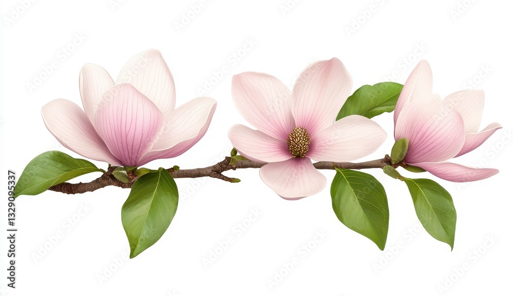 Fototapeta premium Pale Pink Magnolia Blossoms on Branch, White Background