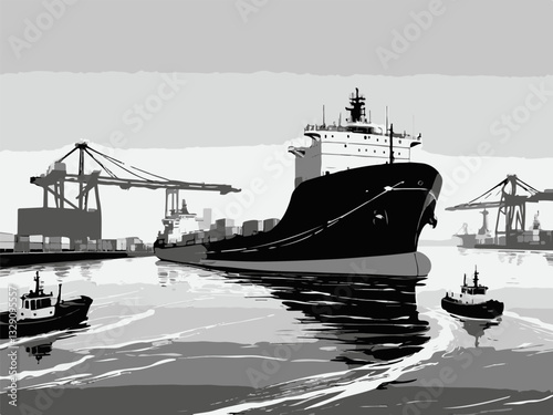 Vector illustration of a shipyard with cranes and cargo ships loading. Container Ship Entering Port with Tugboats and Cranes Silhouette