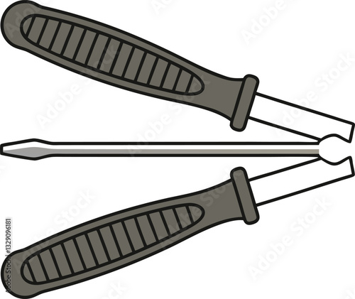 A simple, black and white illustration of a multi-tool screwdriver with two different heads and textured handles.