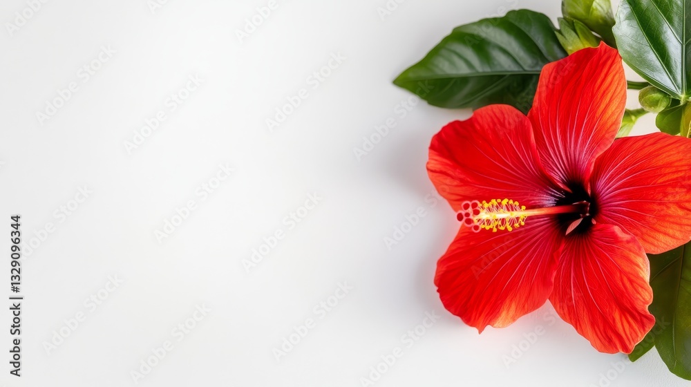 Striking red flower with lush green leaves on pristine white background vivid Striking red flower with lush green leaves on pristine white background vivid
