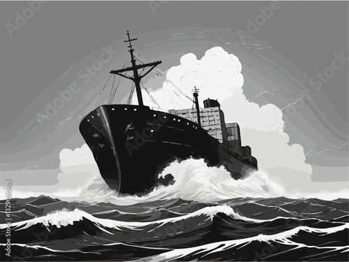 Vector illustration of a shipyard with cranes and cargo ships loading. Vintage Cargo Ship Sailing Through Stormy Seas in Monochrome