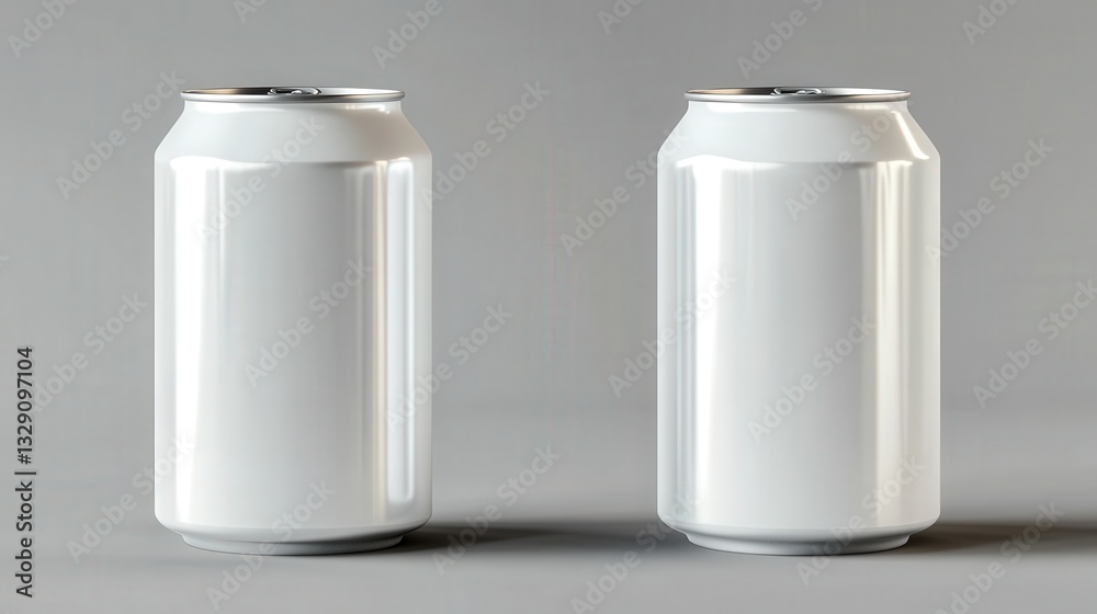 Two identical blank white cans stand side by side on a neutral background, showcasing a minimalist design. Two identical blank white cans stand side by side on a neutral background, showcasing a minimalist design.