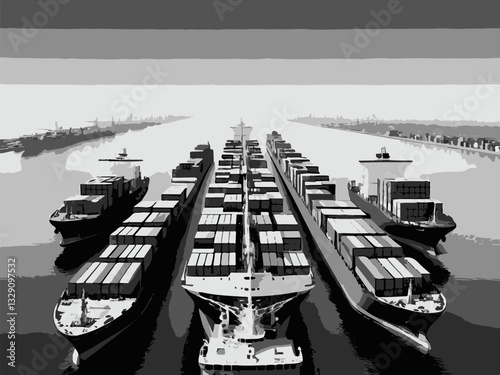 Vector illustration of a shipyard with cranes and cargo ships loading. Container Ships Docked in Busy Port with Aerial View