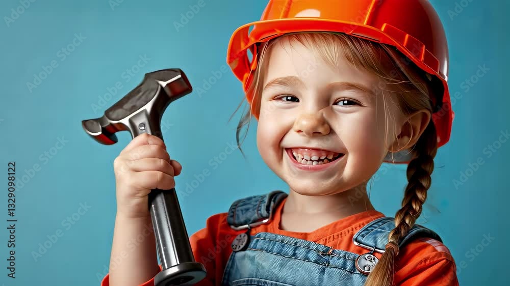 little girl with tools in construction helmet. Selective focus