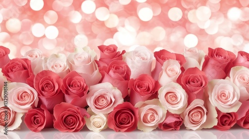 Elegant pink and white roses in full bloom on soft pink background pink