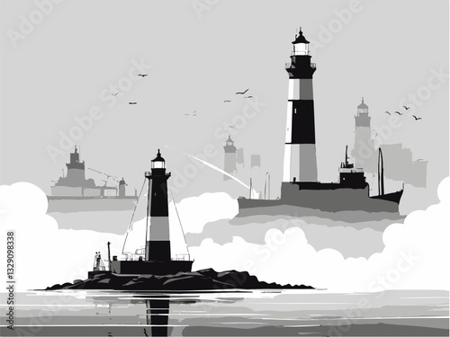 Vector illustration of a shipyard with cranes and cargo ships loading. Silhouetted Lighthouses in Vintage Style on Calm Waters