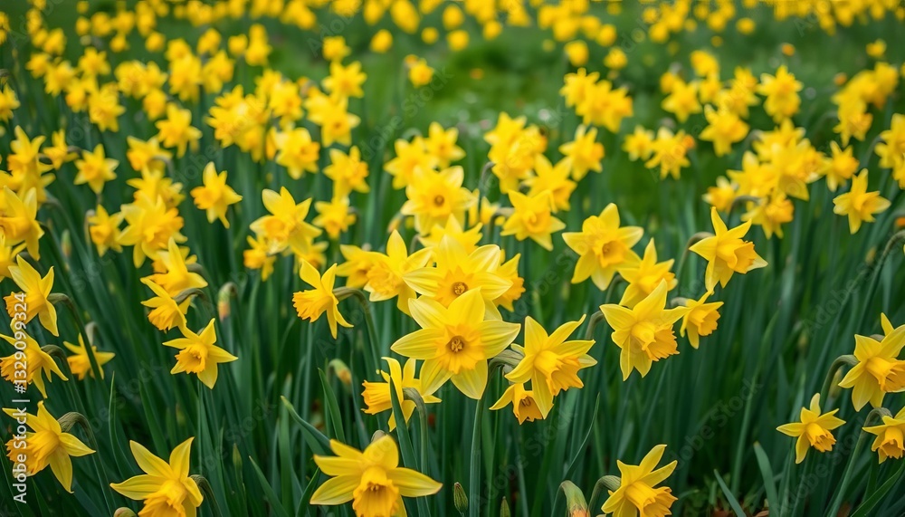 Obraz premium Vibrant yellow daffodils bloom profusely across a lush green meadow, grass, meadow