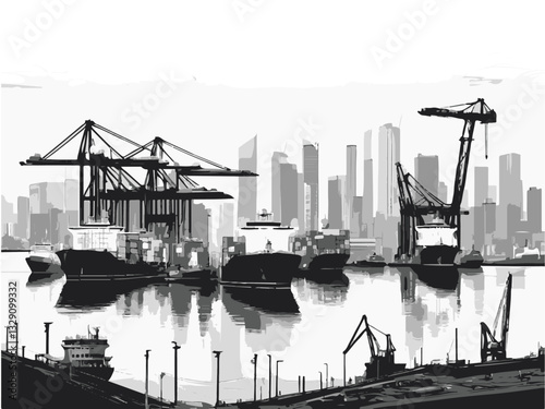 Vector illustration of a shipyard with cranes and cargo ships loading. Industrial Port Scene with Cranes and Cargo Ships in Cityscape