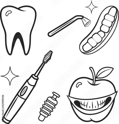 A collection of simple, black and white line art icons representing various dental care tools and objects, including a tooth, a dental scaler, an electric toothbrush, a dental floss tool, and an apple