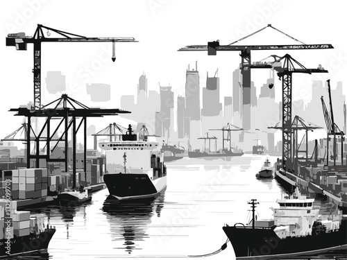 Vector illustration of a shipyard with cranes and cargo ships loading. Industrial Port Scene with Cranes and Cargo Ships in Black and White