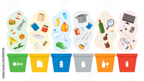 Different types garbage Recyclable Waste. Environmental recycling concept. Recycling Bins.