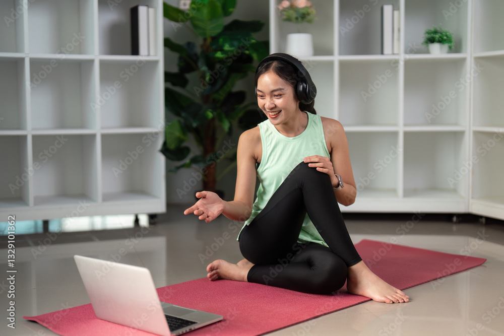 Fototapeta premium Wellness and Personal Connection. A woman expressing joy during a virtual workout session.