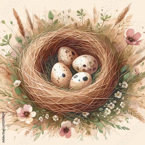 Beautiful nest with speckled eggs surrounded by flowers and greenery in a detailed illustration

