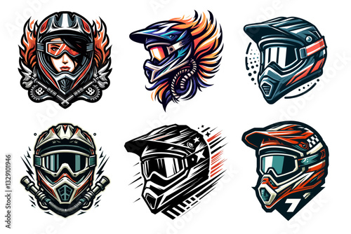 Logotipo vectorial en estilo mascota colorida con emblemas de deportes extremos y cascos de moto en fondo clipart transparente aislado, ideal para branding y proyectos activos.