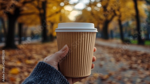 Fototapeta Naklejka Na Ścianę i Meble -  A hand holding a disposable coffee cup in an autumn park scene