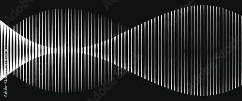 Black and white vertical gradient vector lines illustration depicting an abstract waveform interference pattern in optical art style.