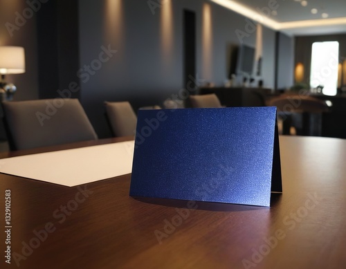 Elegant blue folder displayed on a sleek conference room table.