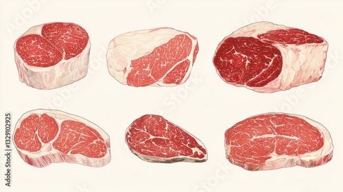Chicken part concept. Variety of raw beef cuts and steaks