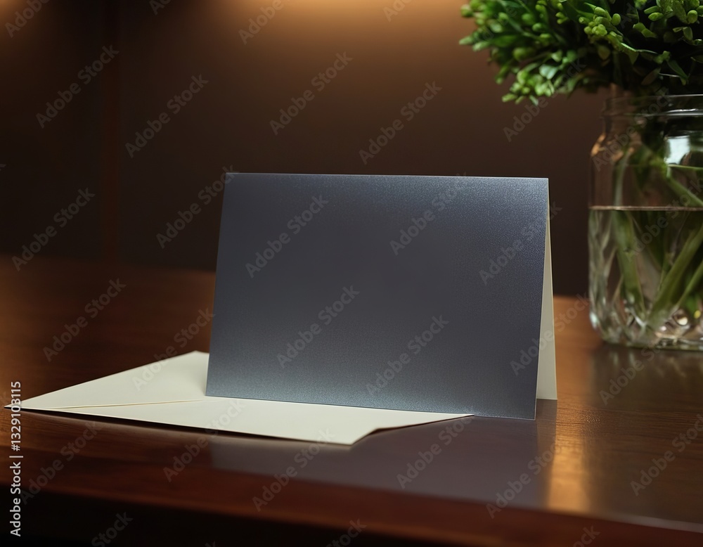 Fototapeta premium Elegant blank card and envelope on a wooden table, perfect for personal messages or invitations.