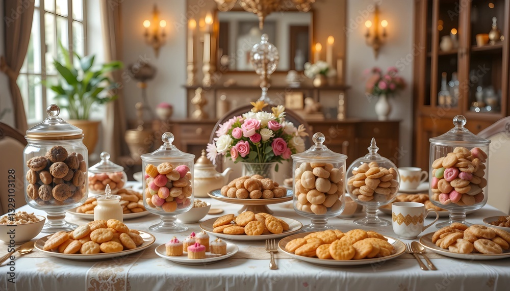 Fototapeta premium A beautifully arranged table filled with various traditional Eid cookies and sweets, creating a warm and festive atmosphere