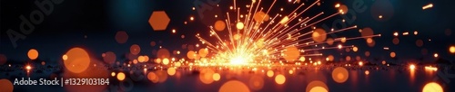 Gleaming metal sparks shower upwards, bright fiery trails , texture, design, welding