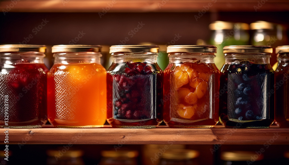 Una estantería en una despensa casera con tarros de cristal llenos de mermelada y confitura de diferentes frutas Una estantería en una despensa casera con tarros de cristal llenos de mermelada y confitura de diferentes frutas