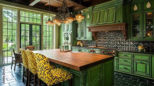 Luxurious green kitchen island, French doors, garden view, sunlight photo