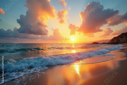 Golden sunrise paints sky, reflecting on tranquil ocean waves lapping sandy shore , golden hour, landscape, seascape