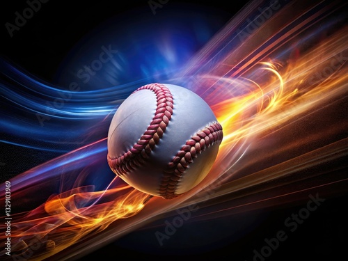 A black backdrop highlights the vibrant motion blur of a night baseball game, a dynamic long exposure sports photograph.