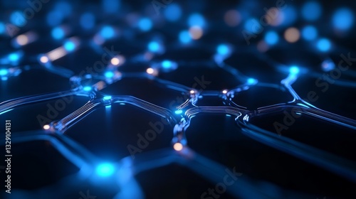 A luminous blue hexagonal network pattern, symbolizing futuristic technology and digital connections.