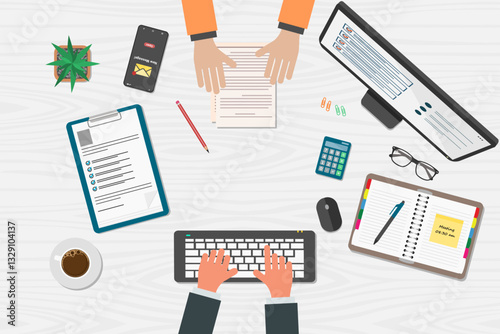 Top view of a customer service representative's desk serving customers or a businessperson and his clients