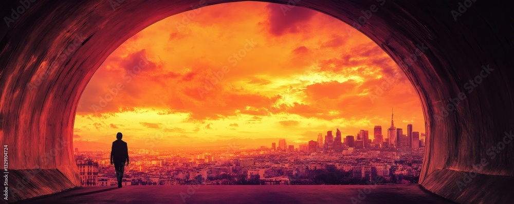 Fototapeta premium A silhouette walks towards a city skyline under an orange sky