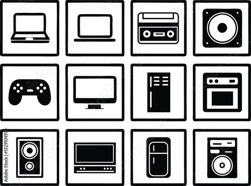 A collection of simple, black and white vector icons representing various electronic and home appliances.