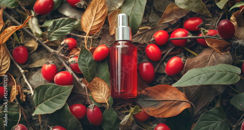Obraz na płótnie Red rosehips or wild red berries with small cosmetic bottle near, botanical extracts used for health and beauty products concept. Generative AI w salonie