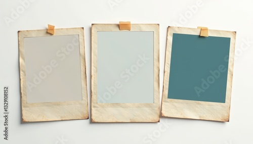 Overlapping Polaroid photo frames, antique & contemporary, white backdrop, photography, stack of frames