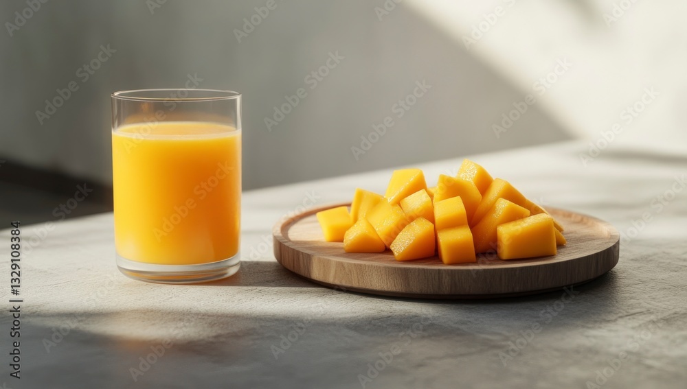 Mango Juice and Fresh Mango Pieces on Wooden Plate in Sunlight Mango Juice and Fresh Mango Pieces on Wooden Plate in Sunlight