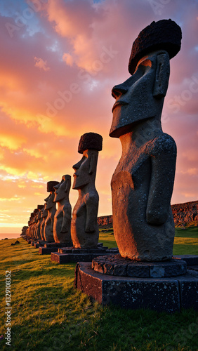 Breathtaking Moais of Ahu Tongariki at Sunset - Ideal for Travel Brochures and Cultural Heritage Promotions