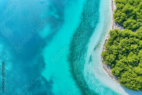 Aerial View Tropical Island Turquoise Ocean Lush Green Trees Sky Art Blue Sand Beach Coast