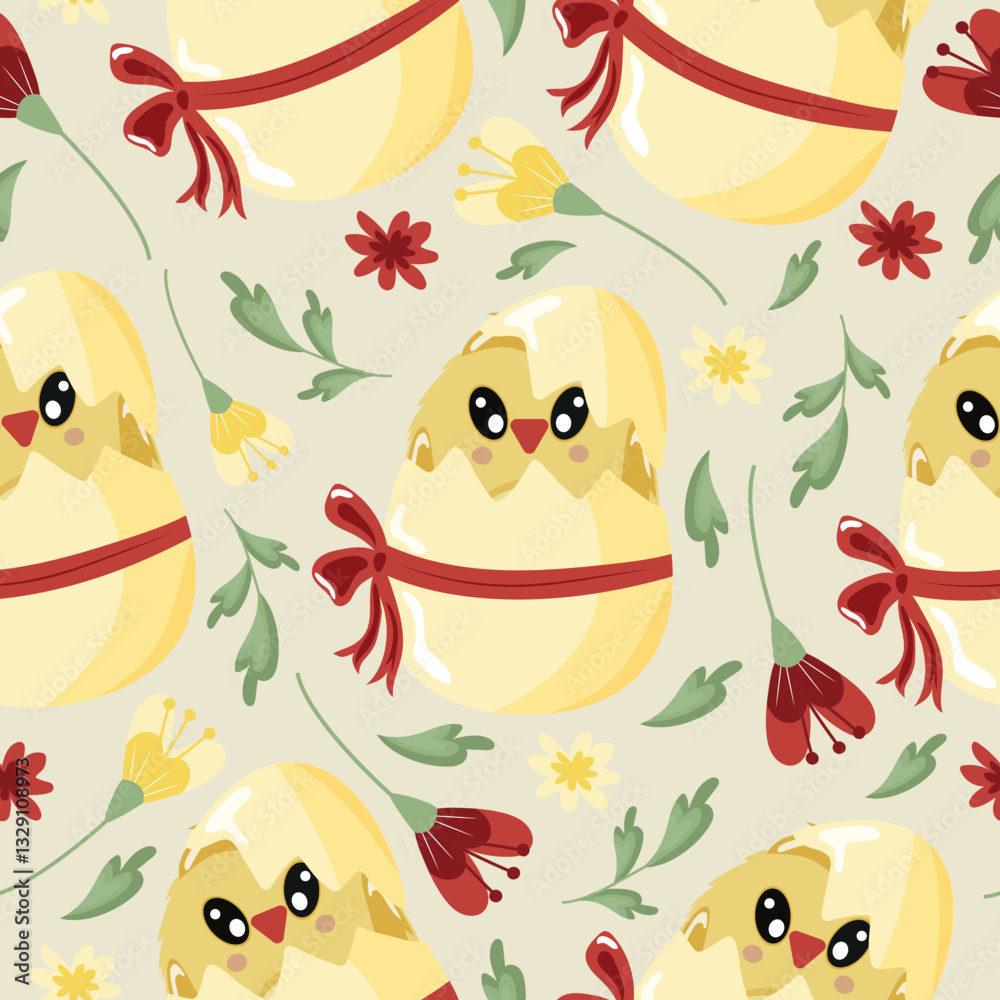 Fototapeta premium seamless pattern with icons of a yellow chicken sitting in a yellow egg with a bow and colorful flowers on a yellow background, design for Easter decorations