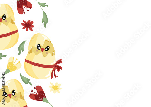 poster template with icons of a yellow chicken sitting in a yellow egg with a bow and colorful flowers, design for Easter decorations