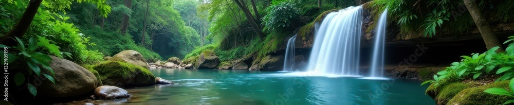 Fototapeta premium Serene waterfall's cascade fills tranquil jungle pool, cascade, energy, peaceful scene