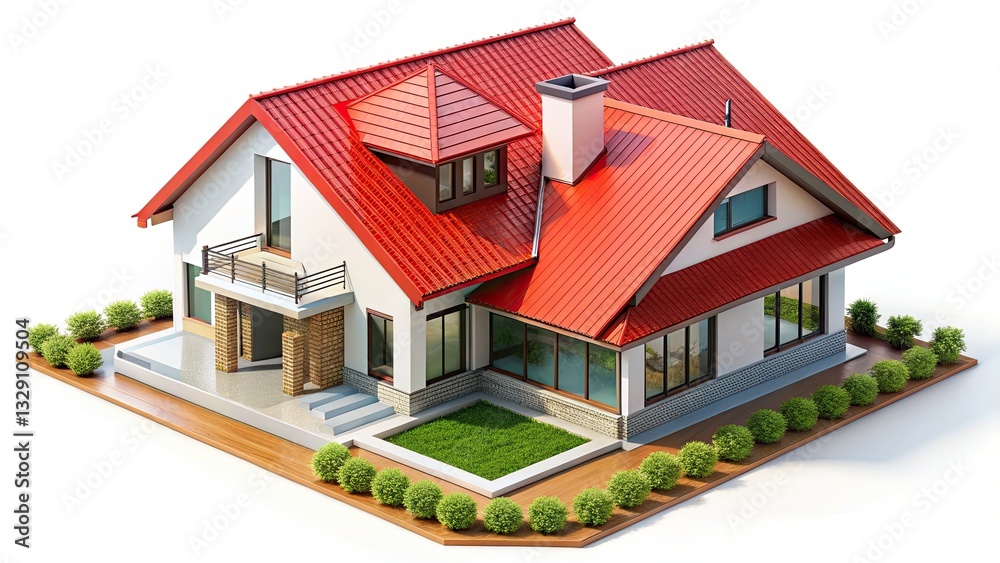 A striking 3D isometric rendering: a modern house with a vibrant red roof, isolated on white. A striking 3D isometric rendering: a modern house with a vibrant red roof, isolated on white.