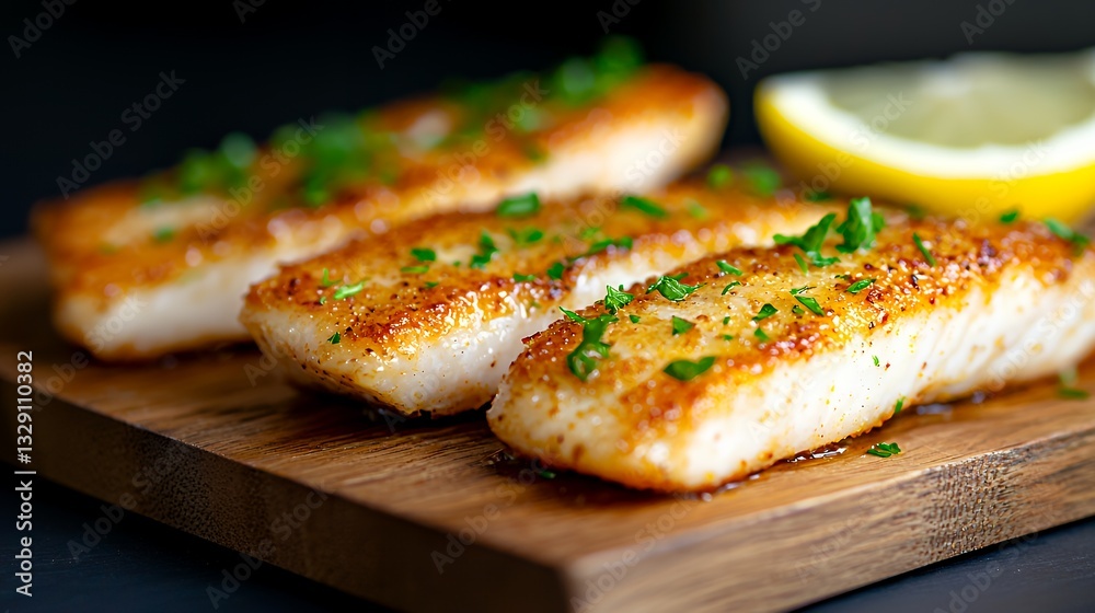 Preparing Fish Fillets on Wooden Board with Lemon Slice Closeup