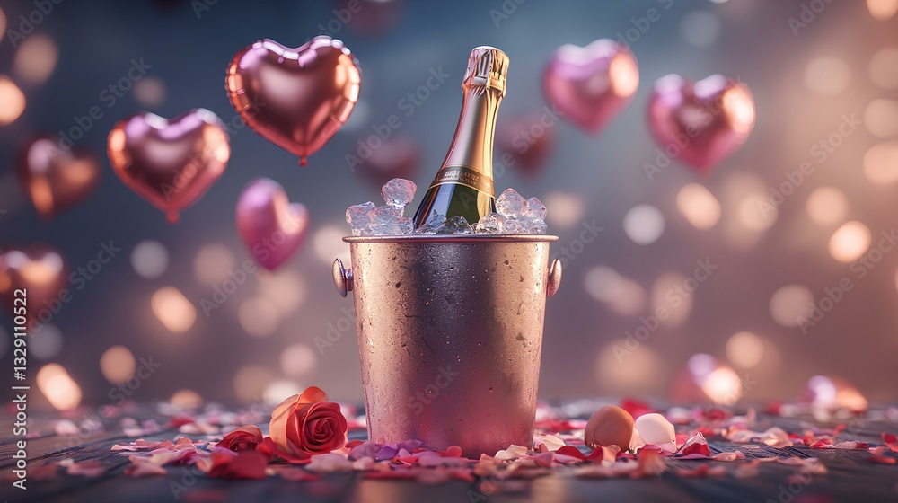 bottle of champagne stands in an ice bucket on a table with rose petals, with heart-shaped balloons in the background. Festive romantic atmosphere.