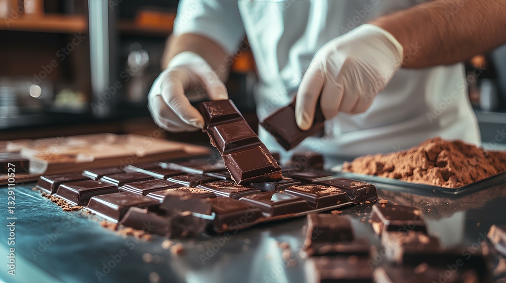 professional chocolatier tempering chocolate on a glossy countertop